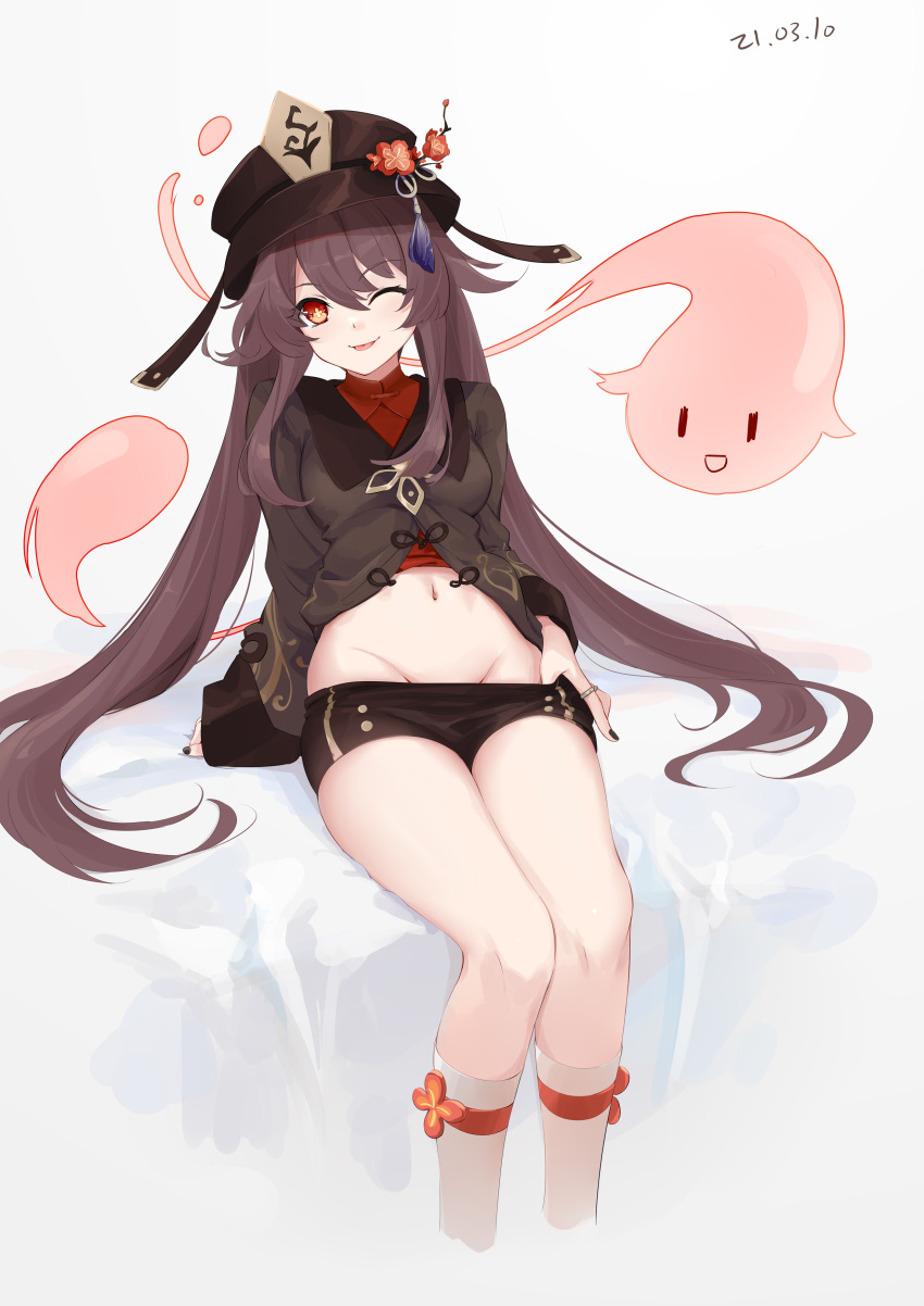 1girl ;p absurdres arm_support bed_sheet black_headwear black_nails black_shorts breasts brown_hair chinese_commentary closed_mouth commentary_request cropped_legs dated ejieaa flower flower-shaped_pupils genshin_impact ghost groin hat hat_flower highres hu_tao jewelry kneehighs leaning_back long_hair long_sleeves looking_at_viewer nail_polish navel one_eye_closed red_eyes red_flower ring short_shorts shorts shorts_pull sidelocks simple_background sitting small_breasts smile solo stomach tassel thighs tongue tongue_out twintails very_long_hair white_background white_legwear