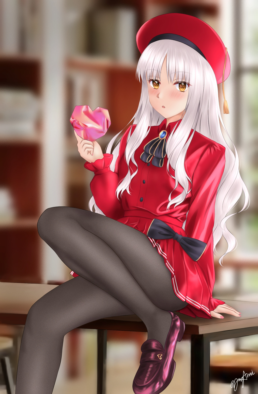 1girl absurdres bangs beret blush breasts brooch caren_hortensia caren_hortensia_(amor_caren) dress fate/grand_order fate_(series) grey_legwear hat heart highres jewelry knee_up long_hair long_sleeves looking_at_viewer medium_breasts neck_ribbon open_mouth pantyhose red_dress red_headwear ribbon shawl sitting thighs wavy_hair white_hair yayanri yellow_eyes