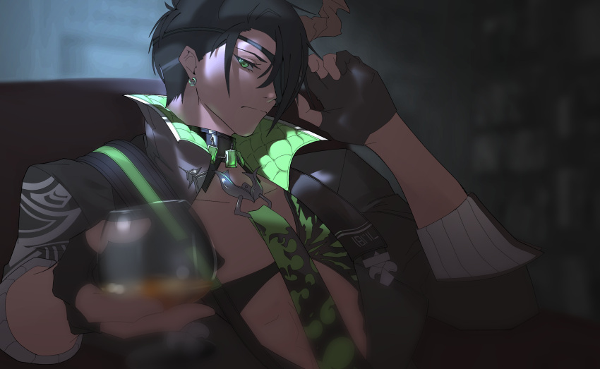 1boy absurdres aragami_oga black_gloves black_hair black_jacket cup dark_skin dark_skinned_male detached_collar drinking_glass earrings expressionless eyepatch gloves green_eyes green_neckwear hair_behind_ear highres holding holding_cup holostars jacket jewelry looking_at_viewer male_focus mechjunk one_eye_covered partially_fingerless_gloves shirtless solo virtual_youtuber wine_glass