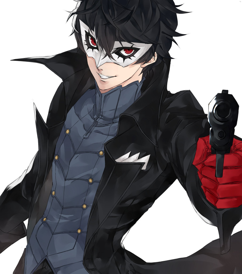 1boy amamiya_ren bangs black_coat black_hair buttons closed_mouth coat controller crossed_arms gloves gun hair_between_eyes handgun highres holding holding_weapon long_sleeves looking_at_viewer male_focus persona persona_5 pertex_777 pistol red_background red_eyes red_gloves simple_background smile solo weapon