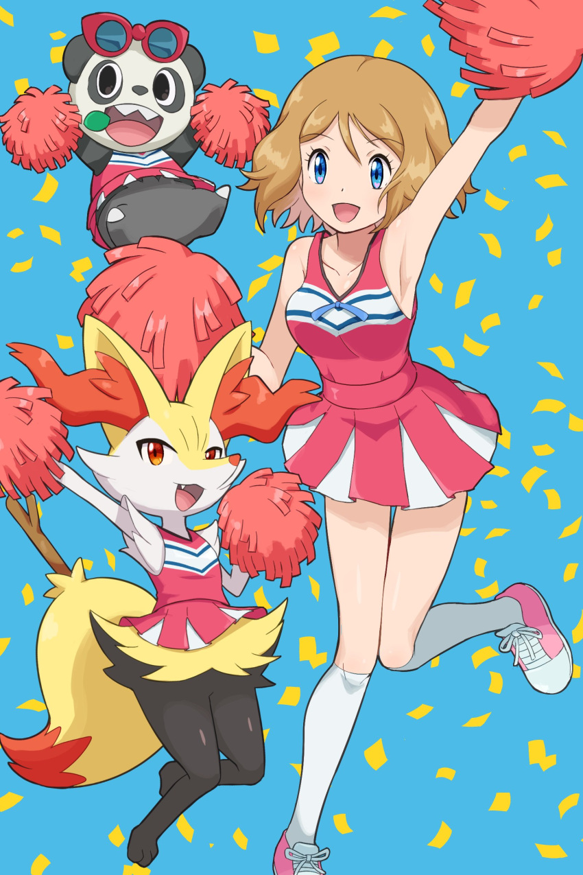 1girl :d absurdres arm_up armpits bangs bare_arms blue_background blue_eyes blue_ribbon braixen breasts cheerleader clothed_pokemon collarbone commentary_request confetti eyelashes gen_6_pokemon hand_up highres holding holding_pom_poms kneehighs knees knees_together_feet_apart leg_up light_brown_hair medium_hair open_mouth pancham pink_footwear pokemoa pokemon pokemon_(anime) pokemon_(creature) pokemon_xy_(anime) pom_poms ribbon serena_(pokemon) shiny shiny_skin shoes sleeveless smile sneakers sunglasses tongue white_legwear
