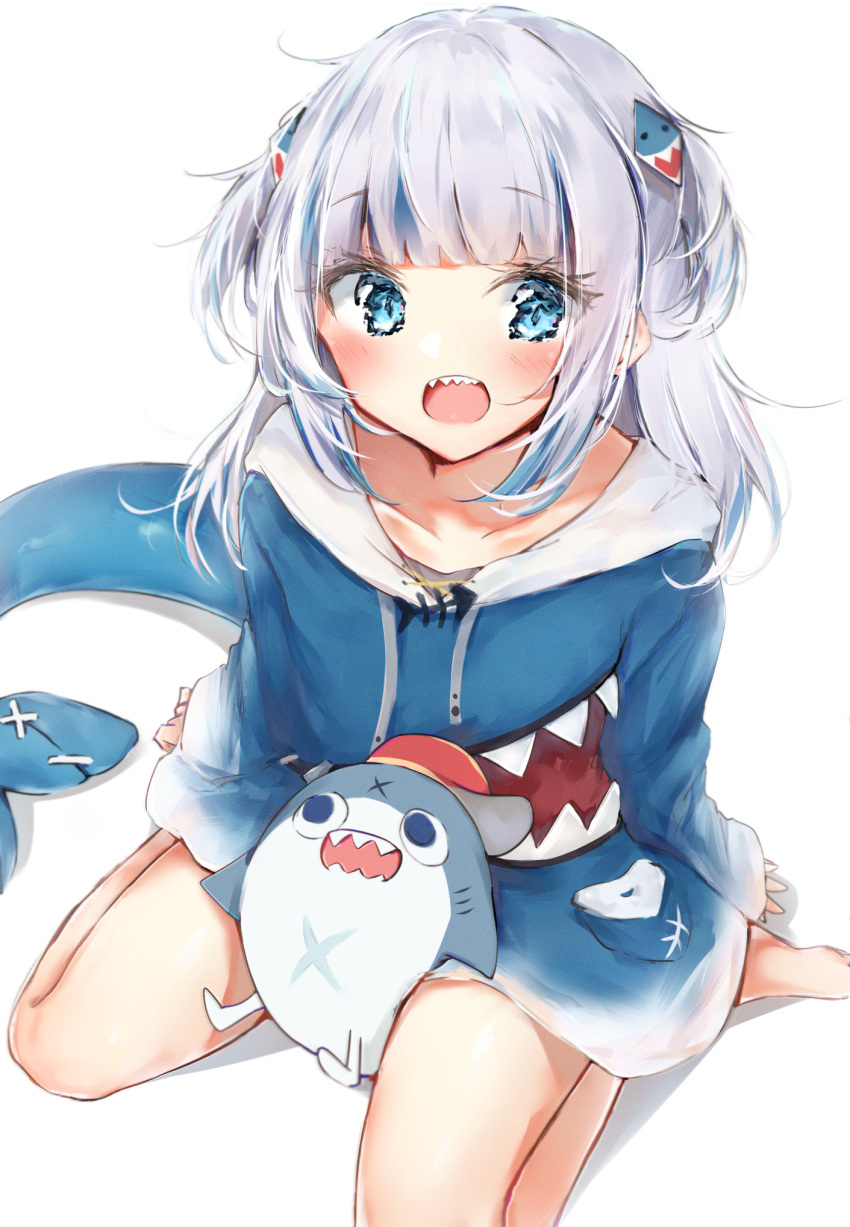 1girl :o bangs barefoot bloop_(gawr_gura) blue_eyes blue_hair blue_hoodie blunt_bangs blush breasts collarbone eyebrows_visible_through_hair eyelashes feet fish_bone fish_tail from_above gawr_gura gradient_clothes hair_ornament highres hololive hololive_english hood hoodie long_hair long_sleeves looking_at_viewer multicolored_hair seboneko shark_hair_ornament shark_tail sharp_teeth sidelocks sideways_hat silver_hair simple_background sitting small_breasts spoken_letter streaked_hair tail teeth two_side_up upper_teeth virtual_youtuber wariza white_background