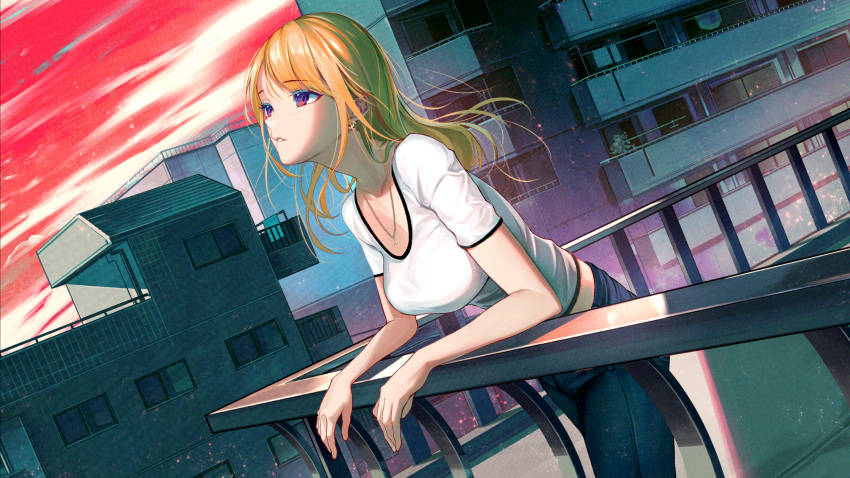 1girl bangs blonde_hair blue_pants breasts collarbone dutch_angle earrings eyebrows_visible_through_hair floating_hair highres jewelry kainownill leaning_forward long_hair medium_breasts original pants parted_lips pendant red_eyes red_sky rooftop shiny shiny_hair shirt short_sleeves sky solo standing t-shirt white_shirt