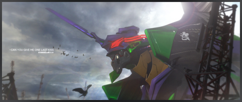 antares_cao armor bird clouds cloudy_sky commentary dark_sky english_text eva_13 evangelion:_3.0_you_can_(not)_redo extra_eyes glowing glowing_eyes highres horns mecha neon_genesis_evangelion no_humans rebuild_of_evangelion red_eyes single_horn sky solo upper_body