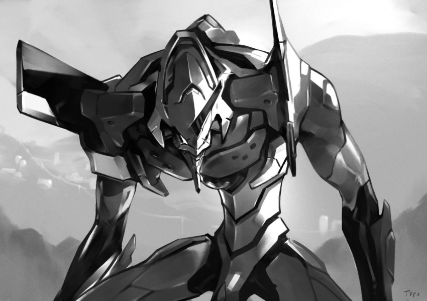 eva_01 greyscale horns mecha monochrome mountainous_horizon neon_genesis_evangelion no_humans no_pupils optionaltypo outdoors single_horn solo standing