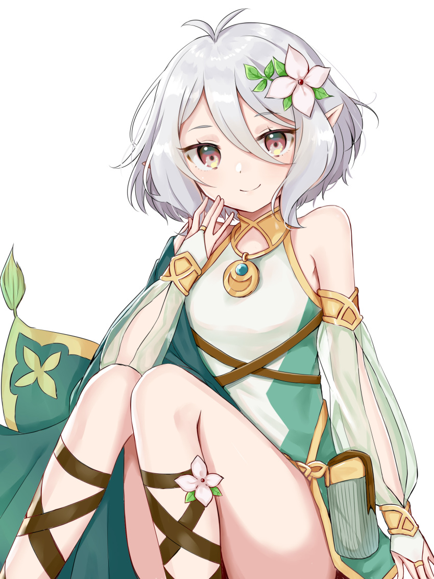 1girl absurdres bare_shoulders closed_mouth commentary detached_sleeves flower green_sleeves hair_between_eyes hair_flower hair_ornament highres kokkoro_(princess_connect!) pointy_ears princess_connect! princess_connect!_re:dive red_eyes see-through_sleeves short_hair silver_hair simple_background sitting smile solo swon_(joy200892) white_background