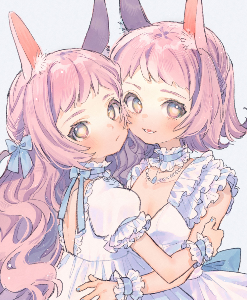 2girls :d animal_ear_fluff animal_ears blue_bow blue_choker blush bow braid brown_eyes choker closed_mouth collarbone commentary dress frilled_choker frills grey_background hair_bow highres hug jewelry kouhara_yuyu long_hair looking_at_viewer looking_back multiple_girls open_mouth original pendant pink_hair puffy_short_sleeves puffy_sleeves rabbit_ears short_sleeves simple_background sleeveless sleeveless_dress smile symbol_commentary very_long_hair white_dress wrist_cuffs