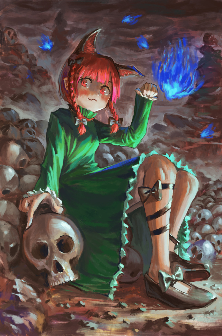 1girl animal_ears arm_up bangs black_footwear blue_fire blunt_bangs bow braid cat_ears clouds cloudy_sky dress extra_ears fire fjsmu footwear_bow foreshortening green_dress hair_ribbon highres holding holding_skull kaenbyou_rin leg_ribbon long_sleeves looking_at_viewer night outdoors paw_pose pile_of_skulls red_eyes ribbon shaded_face sitting skull sky sleeves_past_wrists smile solo touhou twin_braids