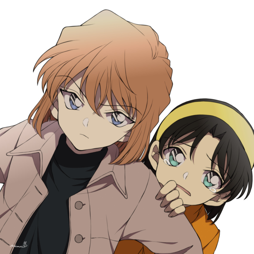 2girls bangs black_hair black_shirt blue_eyes brown_coat child closed_mouth coat commentary dutch_angle eyebrows_visible_through_hair frown green_eyes haibara_ai hair_between_eyes hairband hand_on_another's_arm highres looking_at_viewer meitantei_conan multiple_girls niina_1oo9 open_clothes open_coat open_mouth orange_shirt parted_bangs protecting serious shirt signature simple_background tearing_up turtleneck white_background yellow_hairband yoshida_ayumi