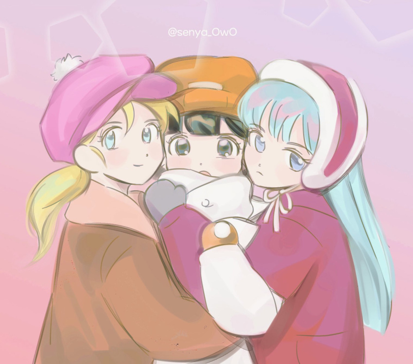 3girls aqua_hair bangs black_eyes black_hair blonde_hair blue_eyes blunt_bangs bra_(dragon_ball) brown_coat cabbie_hat closed_mouth coat dot_nose dragon_ball dragon_ball_gt expressionless eyelashes fur-trimmed_coat fur_trim girl_sandwich grey_mittens happy hat highres lens_flare light_blush light_smile long_hair marron mittens multiple_girls orange_headwear orange_mittens palgwang pan_(dragon_ball) pink_background pink_coat pink_headwear pom_pom_(clothes) sandwiched simple_background tareme twintails winter_clothes