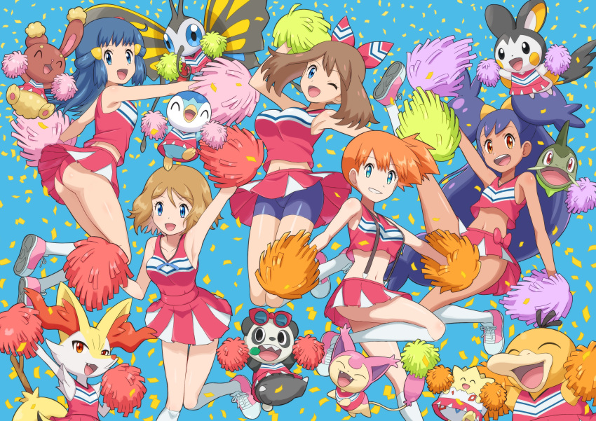 5girls :d ;d absurdres arm_up armpits ass axew bangs bare_arms beautifly bike_shorts blue_background blue_eyes blue_hair braixen breasts brown_hair buneary cheerleader clothed_pokemon confetti dark_skin dark-skinned_female hikari_(pokemon) emolga eyelashes gen_1_pokemon gen_2_pokemon gen_3_pokemon gen_4_pokemon gen_5_pokemon gen_6_pokemon hair_ornament hairclip highres holding holding_pom_poms iris_(pokemon) kneehighs long_hair looking_at_viewer may_(pokemon) miniskirt misty_(pokemon) multiple_girls navel one_eye_closed open_mouth orange_hair outstretched_arm pancham panties parted_lips pink_footwear pink_skirt piplup pokemoa pokemon pokemon_(anime) pokemon_(classic_anime) pokemon_(creature) pokemon_bw_(anime) pokemon_dppt_(anime) pokemon_rse_(anime) pokemon_xy_(anime) pom_poms psyduck purple_hair serena_(pokemon) shoes short_hair shorts shorts_under_skirt skirt skitty sleeveless smile sneakers socks stick sunglasses suspenders togepi tongue underwear very_long_hair white_legwear
