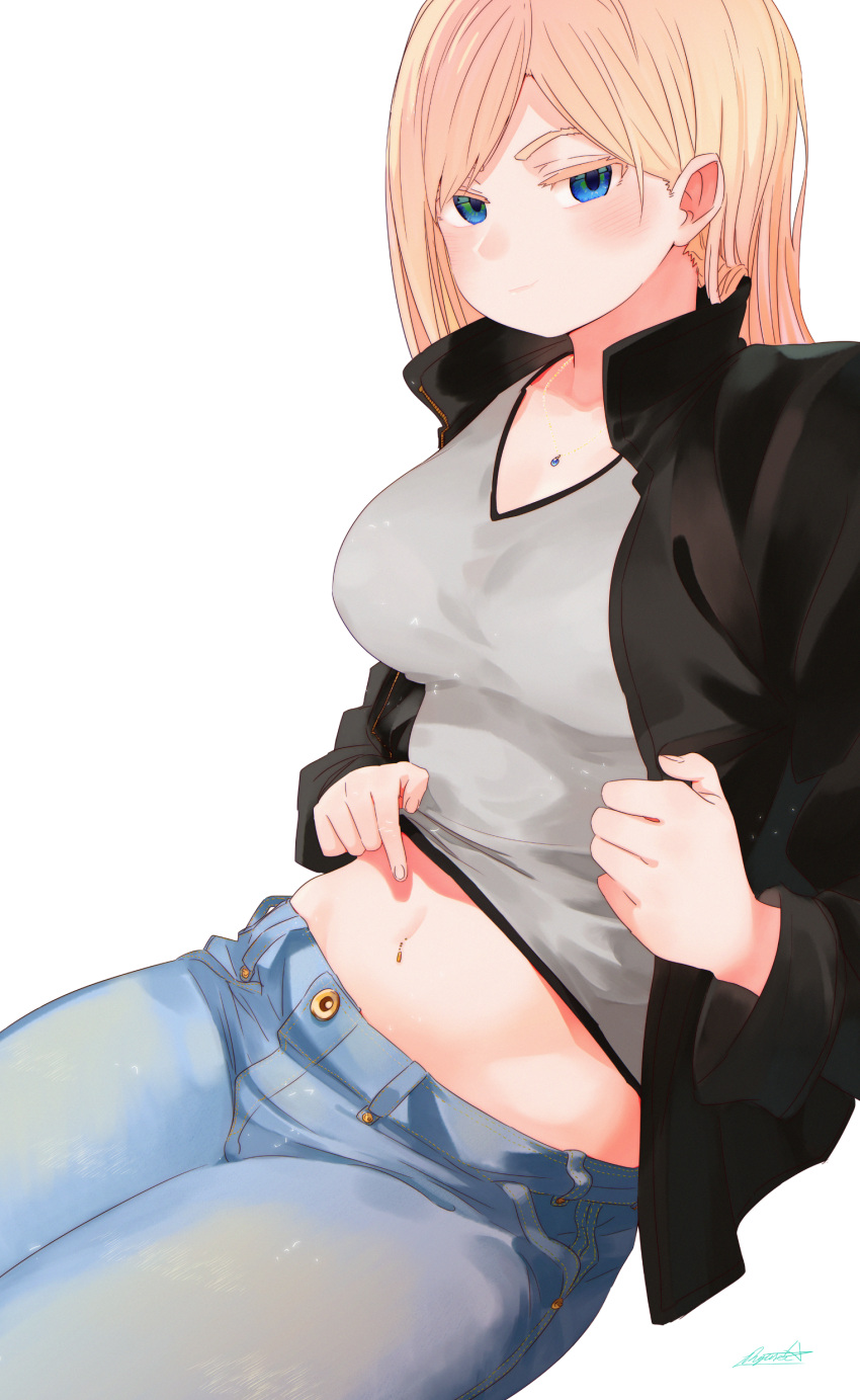 1girl absurdres black_jacket blonde_hair blue_eyes blue_pants blush closed_mouth denim from_side green_eyes highres jacket jeans jewelry long_hair looking_at_viewer looking_to_the_side midriff multicolored multicolored_eyes navel necklace open_clothes open_jacket original pants pointing pointing_at_self ryusei_hashida shirt simple_background sitting smile solo stomach v-neck white_background white_shirt