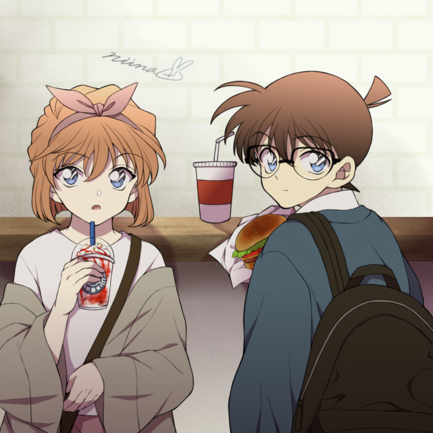 1boy 1girl backpack bag bangs black-framed_eyewear blue_eyes blue_jacket bow_hairband brown_coat brown_hair casual child coat commentary counter cup dessert disposable_cup drinking_straw edogawa_conan eyebrows_visible_through_hair food glasses hairband hamburger highres holding holding_cup jacket long_sleeves looking_at_viewer looking_back meitantei_conan niina_1oo9 off_shoulder pink_hairband school_bag shirt short_hair shoulder_bag signature white_shirt wide_sleeves