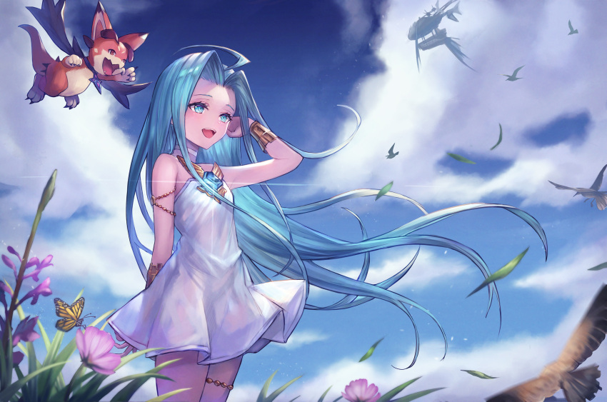1girl :d bare_shoulders bird blue_eyes blue_hair blue_sky bracelet bug butterfly choker clouds commentary_request day dress flower granblue_fantasy grass highres insect jewelry leg_garter long_hair lyria_(granblue_fantasy) open_mouth outdoors sachi_(160332) sky smile standing vee_(granblue_fantasy) very_long_hair white_choker white_dress wind