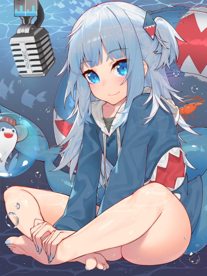 1girl bangs bloop_(gawr_gura) blue_eyes blue_hair blue_jacket blue_nails blunt_bangs closed_mouth eyebrows_visible_through_hair fingernails fish fish_tail gawr_gura hair_ornament highres hololive hololive_english indian_style jacket legs long_hair long_sleeves looking_at_viewer microphone nail_polish shark_tail shrimp sitting smile solo tail toes underwater virtual_youtuber waterring