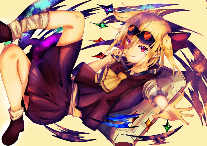 1girl absurdres adapted_costume ahoge ascot bad_leg bangs beige_background blonde_hair bow breasts brown_footwear closed_mouth commentary_request crystal eyebrows_visible_through_hair fingernails flandre_scarlet floating foot_out_of_frame foreshortening goggles goggles_on_head gradient gradient_background hair_between_eyes hair_bow hand_on_own_cheek hand_on_own_face highres holding huge_filesize knees_up leg_up leg_wrap looking_at_viewer mister_eru nail_polish no_hat no_headwear one_side_up outstretched_arm pointy_ears red_bow red_eyes red_nails red_skirt red_vest short_hair simple_background skirt skirt_set small_breasts smile solo tagme touhou v-shaped_eyebrows vest white_legwear wings yellow_neckwear