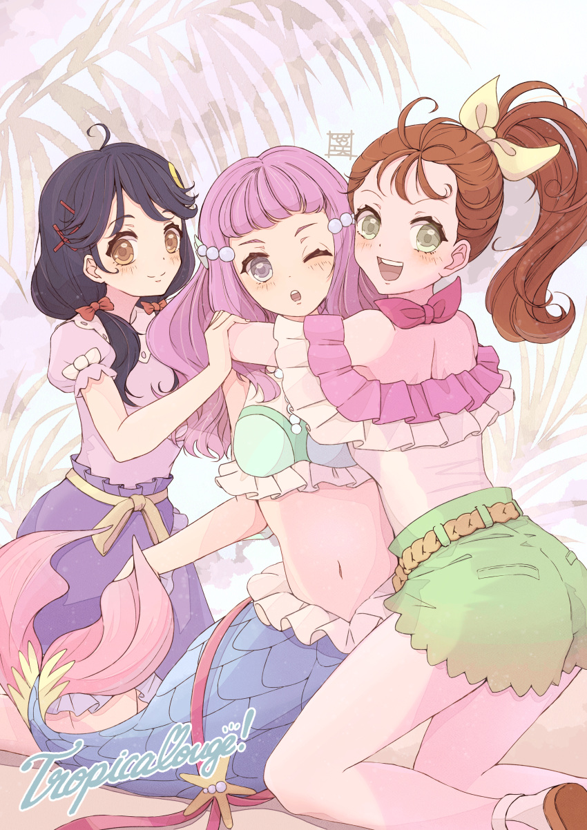 3girls :d ;o absurdres ahoge ass back bangs bare_shoulders black_hair blue_eyes blunt_bangs blush bow breasts brown_eyes brown_hair copyright_name crop_top eyebrows_visible_through_hair frilled_skirt frills green_eyes green_shorts hair_between_eyes hair_bow hair_ornament hair_ribbon hair_strand head_fins highres hug huge_filesize jewelry kneeling laura_(precure) long_hair looking_at_viewer low_twintails medium_breasts mermaid midriff monster_girl multiple_girls natsuumi_manatsu navel necklace one_eye_closed open_mouth pearl_hair_ornament pearl_necklace pink_shirt precure puffy_short_sleeves puffy_sleeves purple_hair purple_skirt ribbon sakihi shirt short_shorts short_sleeves shorts side_ponytail sidelocks signature skirt sleeveless sleeveless_shirt smile split_tail star_(symbol) suzumura_sango symbol_commentary tropical-rouge!_precure twintails upper_teeth white_shirt yellow_ribbon