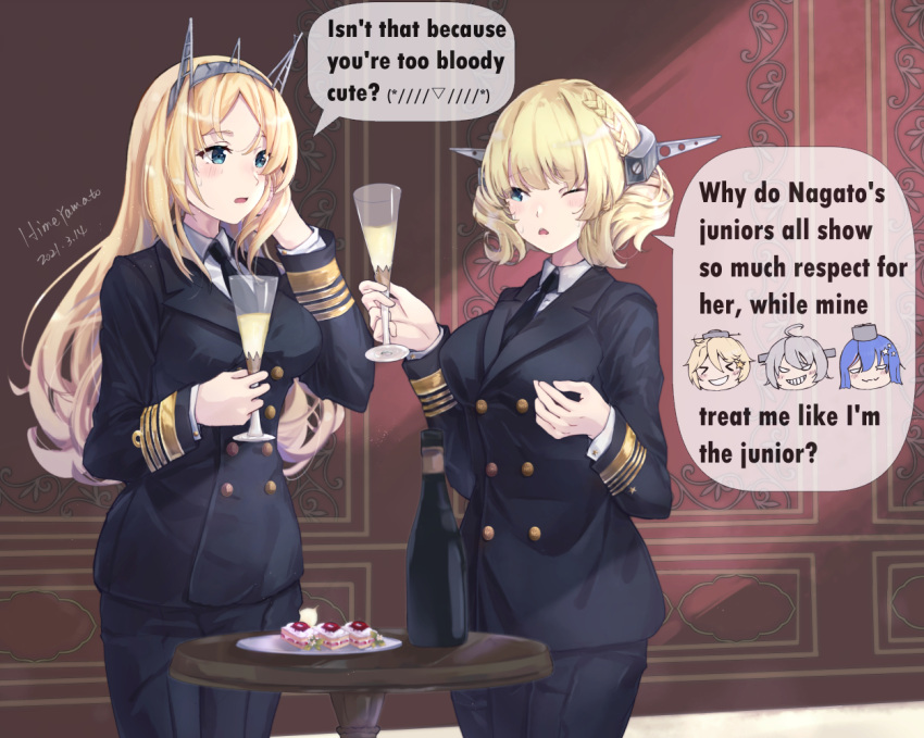 alcohol blonde_hair blue_eyes breasts cake cake_slice champagne champagne_flute colorado_(kancolle) cup drink drinking_glass english_text food gloves himeyamato iowa_(kancolle) kantai_collection long_hair military military_uniform nelson_(kancolle) one_eye_closed open_mouth short_hair smile south_dakota_(kancolle) speech_bubble uniform washington_(kancolle)