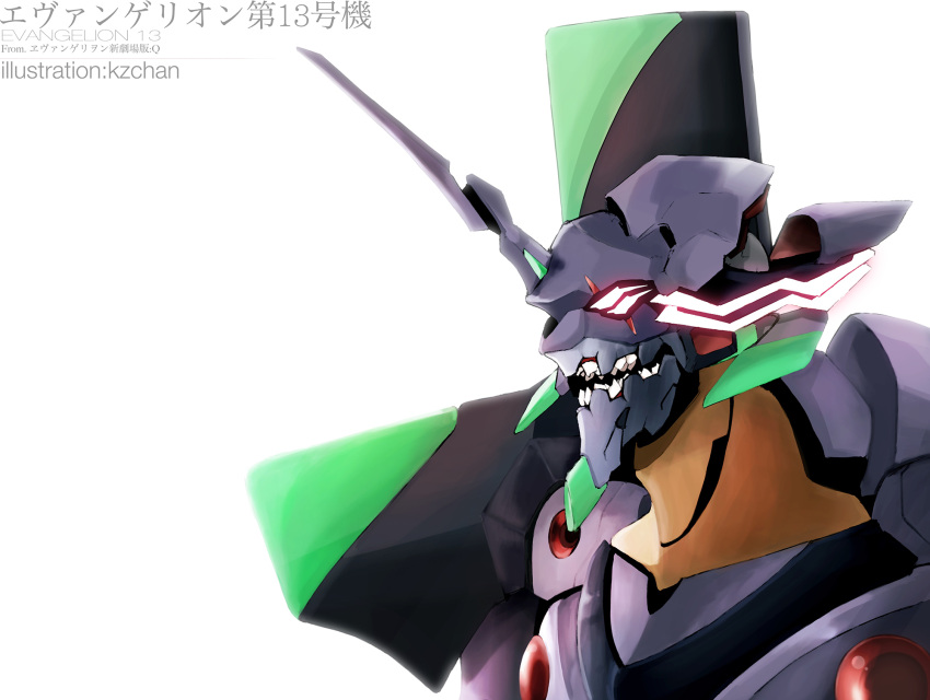 armor artist_name character_name commentary copyright_name english_text eva_13 evangelion:_3.0_you_can_(not)_redo extra_eyes fangs glowing glowing_eyes highres horns kzchan mecha neon_genesis_evangelion no_humans open_mouth pink_eyes rebuild_of_evangelion single_horn solo upper_body