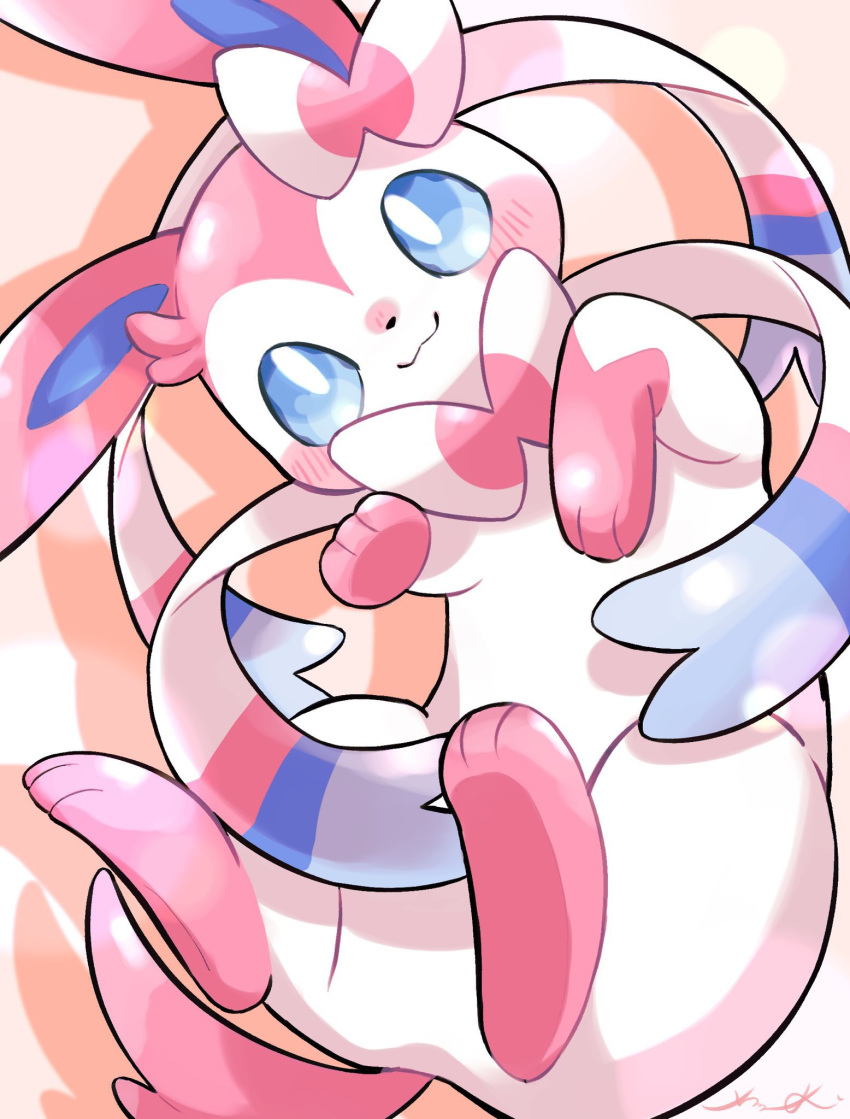 blue_eyes blush closed_mouth commentary gen_6_pokemon head_tilt highres looking_at_viewer no_humans paws pokemon pokemon_(creature) signature smile solo surumeika_(ninfiiiir) sylveon toes