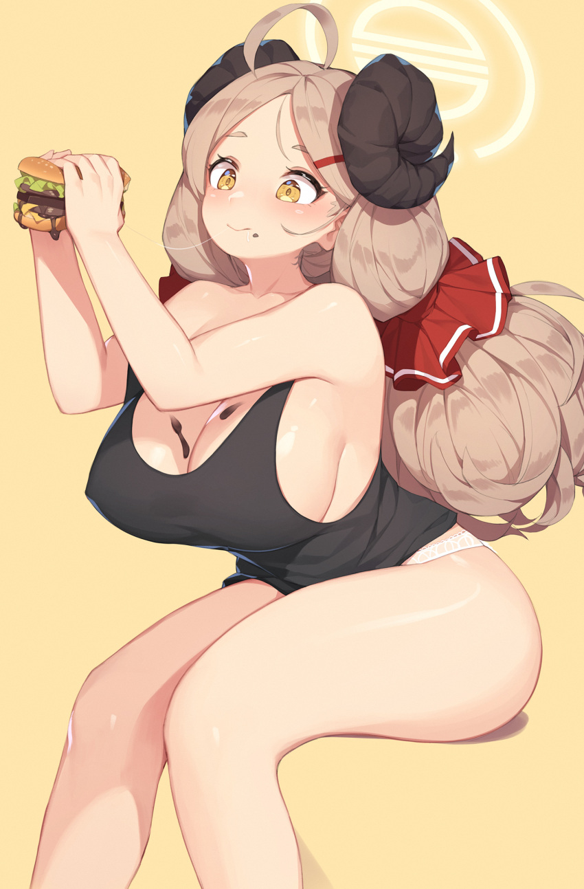1girl ahoge bangs blue_archive blush breasts food hair_ornament hair_scrunchie hairclip hamburger highres holding holding_food horns izumi_(blue_archive) large_breasts light_brown_hair long_hair low_ponytail messy panties pepper0 scrunchie sheep_horns sitting smile solo tank_top underwear white_panties yellow_background yellow_eyes