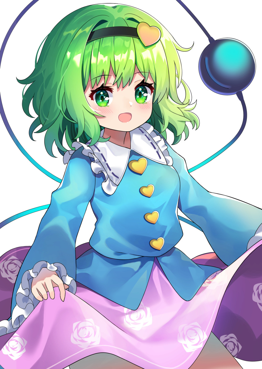 1girl :d bangs black_hairband blouse blue_blouse blush breasts buttons contrapposto cosplay cowboy_shot eyeball eyebrows_visible_through_hair floral_print frilled_shirt_collar frills green_eyes green_hair hair_between_eyes hair_intakes hairband heart highres komeiji_koishi komeiji_satori komeiji_satori_(cosplay) lifted_by_self long_sleeves looking_at_viewer medium_hair open_mouth pink_skirt simple_background skirt skirt_hold small_breasts smile third_eye touhou white_background wide_sleeves yuujin_(yuzinn333)