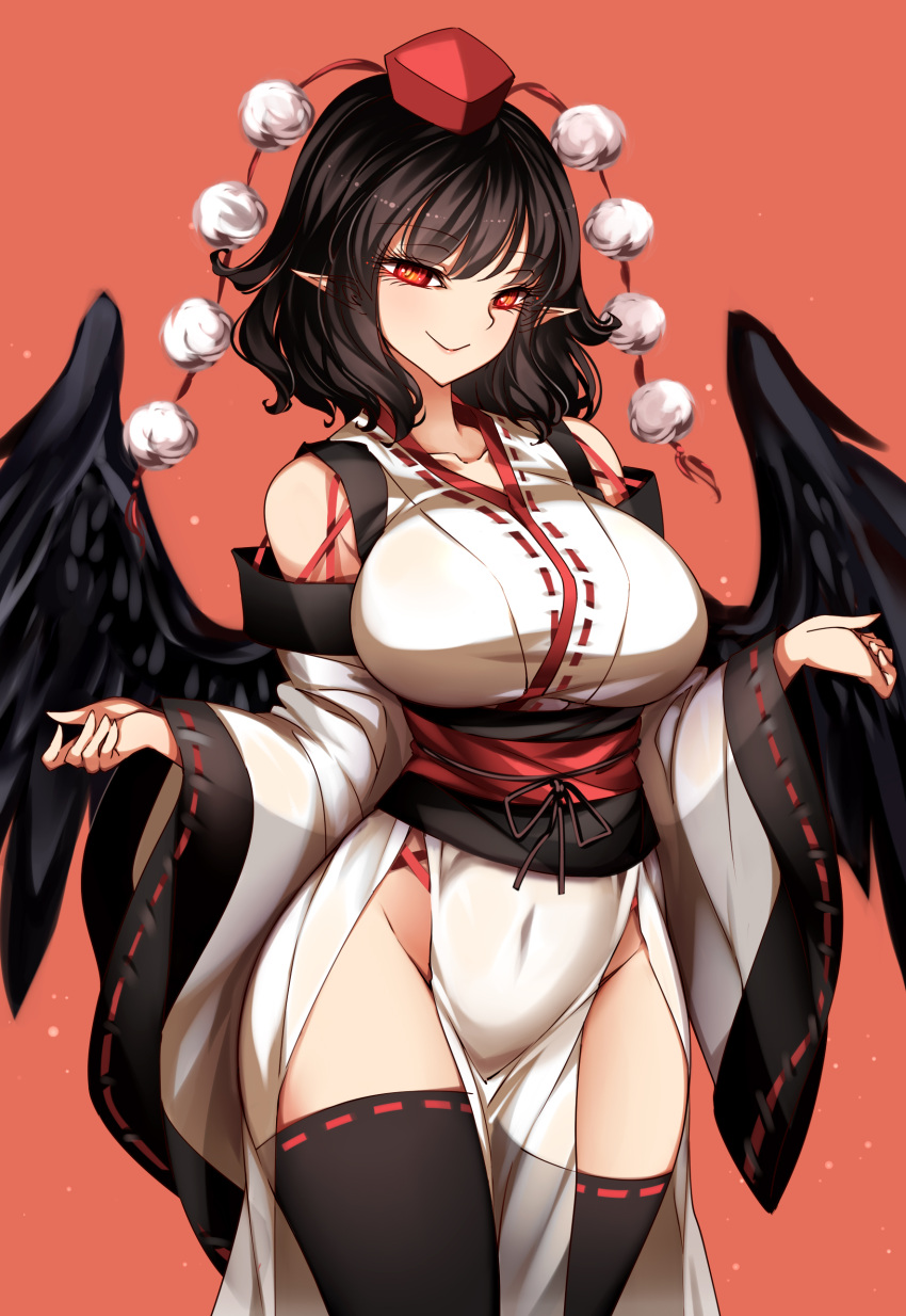 1girl absurdres alternate_costume black_hair black_legwear black_wings breasts closed_mouth covered_navel cowboy_shot detached_sleeves eyelashes feathered_wings hat highres japanese_clothes kourindou_tengu_costume large_breasts long_sleeves looking_at_viewer medium_hair naughty_face obi orange_background pelvic_curtain pointy_ears pom_pom_(clothes) raptor7 red_eyes red_headwear revision ribbon-trimmed_legwear ribbon-trimmed_sleeves ribbon_trim sash shameimaru_aya simple_background smile solo thigh-highs tokin_hat touhou wide_sleeves wings