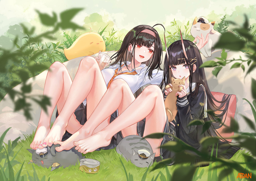 2girls ahoge ass atdan azur_lane bare_legs barefoot bird black_hair black_shirt black_skirt blurry breasts carrying cat chick collared_shirt convenient_censoring convenient_leg depth_of_field feet foot_on_head hair_ornament hairband hairclip hat highres horns independence_(azur_lane) knees_up large_breasts long_hair long_sleeves looking_at_viewer manjuu_(azur_lane) meowfficer_(azur_lane) military_hat miniskirt multiple_girls necktie noshiro_(azur_lane) oni_horns plant pleated_skirt red_eyes revision sailor_collar school_uniform shirt skirt spread_toes thighs toes trample very_long_hair violet_eyes white_shirt x_hair_ornament