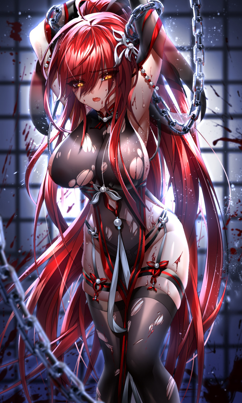 1girl arms_up bangs been black_gloves black_legwear black_panties blood blood_splatter blurry blurry_foreground breasts chain elbow_gloves elesis_(elsword) elsword eyebrows_visible_through_hair floating_hair garter_straps gloves hair_between_eyes high_ponytail highres large_breasts long_hair looking_down open_mouth panties redhead restrained shiny shiny_hair sideboob solo standing thigh-highs torn_clothes torn_legwear underwear v-shaped_eyebrows very_long_hair yellow_eyes