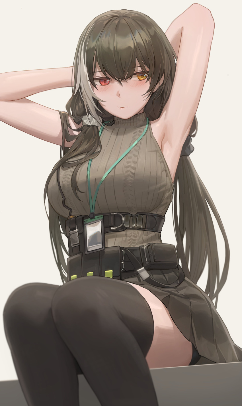 1girl absurdres armpits arms_behind_head arms_up bangs belt black_legwear black_skirt blush breasts brown_hair free_style_(yohan1754) girls_frontline grey_shirt heterochromia highres id_card lanyard large_breasts long_hair looking_to_the_side multicolored_hair pouch red_eyes ro635_(girls_frontline) shirt sitting skirt sleeveless sleeveless_shirt streaked_hair thigh-highs turtleneck twintails white_hair yellow_eyes