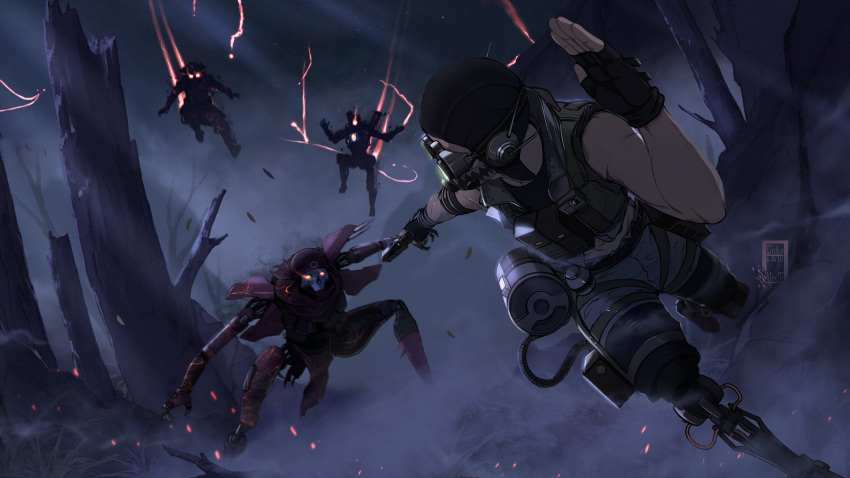 1other 3boys ambiguous_gender apex_legends b3_wingman black_gloves black_headwear bloodhound_(apex_legends) cropped_vest dark_persona english_commentary fingerless_gloves gloves glowing glowing_eyes goggles green_vest grey_shorts gun highres holding holding_gun holding_weapon humanoid_robot ifragmentix leaning_forward looking_back male_focus mechanical_legs multiple_boys night octane_(apex_legends) one-eyed pathfinder_(apex_legends) prosthesis prosthetic_leg red_eyes revenant_(apex_legends) revolver running science_fiction shorts squatting vest weapon