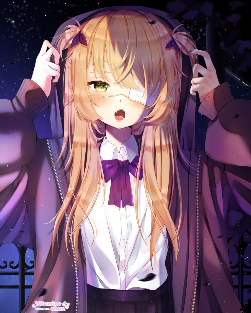 1girl absurdres alternate_costume arms_up artist_name blonde_hair blush bow bowtie collared_shirt dress_shirt eyepatch fangs fischl_(genshin_impact) genshin_impact green_eyes hair_ribbon highres hood hood_down hooded_jacket jacket long_hair long_sleeves medical_eyepatch nail_polish night one_eye_covered open_mouth outdoors purple_bow purple_jacket purple_nails purple_neckwear purple_ribbon ribbon shirt shooting_star sky solo star_(sky) starry_sky two_side_up unzipped upper_body vitaminechan white_shirt