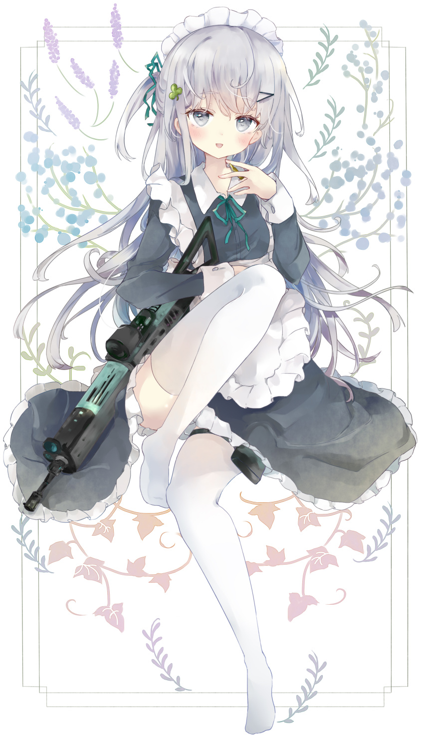 1girl :d absurdres apron black_dress blush clover_hair_ornament collared_dress commentary dress flower frilled_apron frilled_dress frills full_body green_ribbon grey_eyes grey_hair gun hair_ornament hair_ribbon hairclip hand_up highres knee_up long_hair maid maid_headdress no_shoes one_side_up open_mouth original purple_flower ribbon smile solo symbol_commentary thigh-highs tsukiyo_(skymint) very_long_hair weapon weapon_request white_apron white_background white_legwear