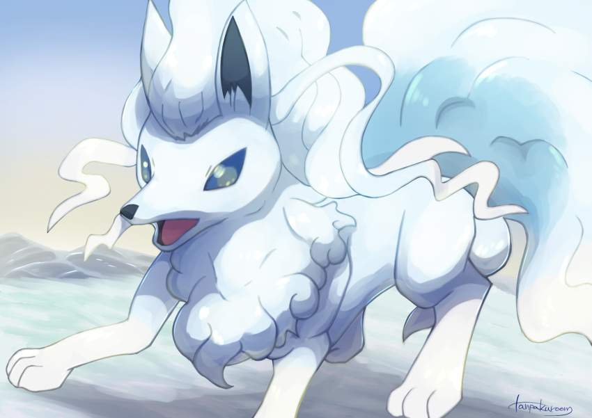 alolan_form alolan_ninetales blue_eyes commentary_request gen_7_pokemon highres no_humans open_mouth outdoors paws pokemon pokemon_(creature) signature solo standing tanpakuroom toes tongue