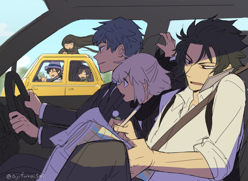 2girls 4boys :d ^_^ asaya_minoru black_hair black_jacket black_neckwear black_pants black_scarf car car_interior cellphone closed_eyes collared_shirt dango day dress_shirt driving fate/grand_order fate_(series) food grey_hair ground_vehicle hair_over_one_eye hat hijikata_toshizou_(fate) jacket koha-ace long_hair long_sleeves map motor_vehicle multiple_boys multiple_girls necktie okada_izou_(fate) okita_souji_(fate) okita_souji_(fate)_(all) open_mouth oryou_(fate) pants phone red_eyes saitou_hajime_(fate) sakamoto_ryouma_(fate) sanshoku_dango scarf shirt smile twitter_username very_long_hair wagashi white_headwear white_jacket white_shirt