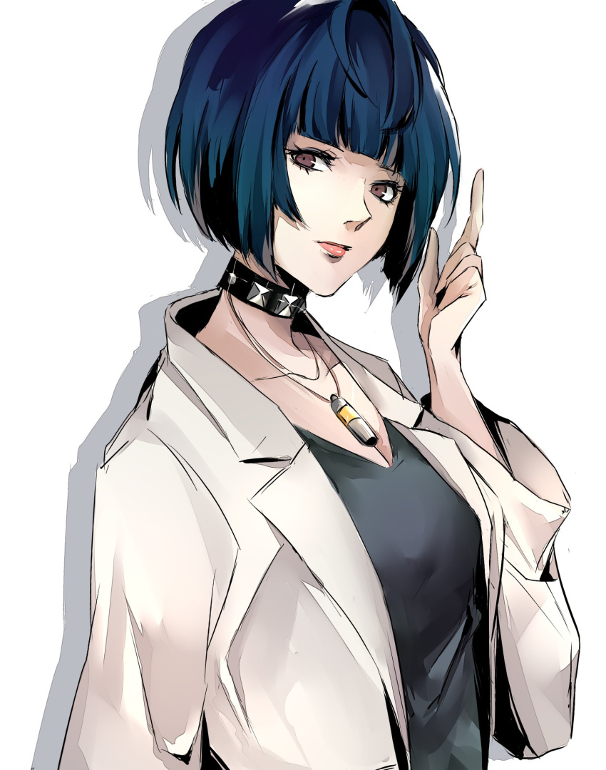 1girl arm_up blue_eyes blue_shirt breasts closed_mouth collar collarbone highres jacket jewelry lips looking_at_viewer medium_breasts necklace nurse persona persona_5 pertex_777 shirt short_hair simple_background solo spiked_collar spikes takemi_tae white_background white_jacket