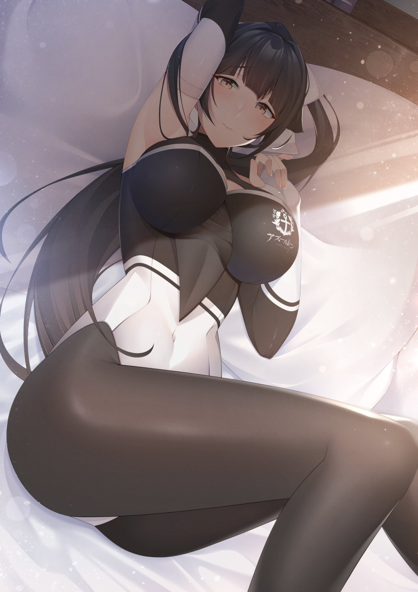 1girl azur_lane bed black_hair bodystocking bow brown_eyes chichikoucha cleavage_cutout clothing_cutout commentary_request hair_bow hair_flaps highres leotard logo long_hair looking_at_viewer lying multicolored_leotard on_side pillow ponytail racequeen solo takao_(azur_lane) takao_(full_throttle_charmer)_(azur_lane) two-tone_leotard white_bow