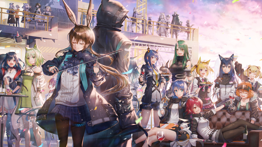 3boys 6+girls :d amiya_(arknights) animal_ears arknights black_hair black_headband black_horns blonde_hair blue_eyes blue_hair bottle breasts brown_hair cat_ears ch'en_(arknights) character_request cliffheart_(arknights) closed_eyes closure_(arknights) coat couch croissant_(arknights) cup doctor_(arknights) donkey_ears dress drinking_glass exusiai_(arknights) facing_away green_hair gummy_(arknights) halo headband highres horns hoshiguma_(arknights) ifrit_(arknights) instrument jacket jewelry kal'tsit_(arknights) lappland_(arknights) long_hair mayer_(arknights) mostima_(arknights) multiple_boys multiple_girls music myrtle_(arknights) oni_horns open_mouth orange_hair outdoors penguin_logistics_(arknights) playing_instrument pramanix_(arknights) ptilopsis_(arknights) railing rhine_lab_(arknights) rhodes_island_logo ring saria_(arknights) ship sho_(sumika) short_hair silence_(arknights) silverash_(arknights) sitting small_breasts smile sora_(arknights) standing texas_(arknights) the_emperor_(arknights) violin violin_bow w_(arknights) watercraft white_jacket wine_glass yellow_neckwear