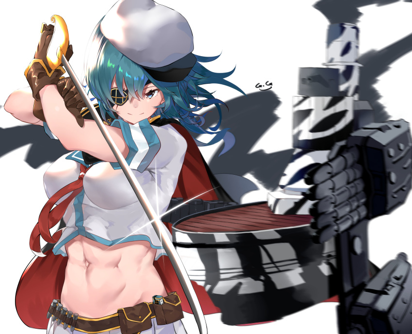 1girl abs absurdres bangs belt belt_pouch black_cape breasts brown_belt brown_gloves camouflage cape closed_mouth commentary_request cowboy_shot crop_top cutlass eyebrows_behind_hair eyepatch floating_hair gegeron glint gloves green_eyes green_hair groin hair_between_eyes hat highres holding holding_sword holding_weapon kantai_collection kiso_(kancolle) looking_at_viewer medium_breasts medium_hair midriff navel neckerchief pleated_skirt pouch red_neckwear remodel_(kantai_collection) rigging sailor_hat school_uniform serafuku short_sleeves sidelocks signature simple_background skirt smile solo standing sword torpedo_tubes turret weapon white_background white_serafuku white_skirt