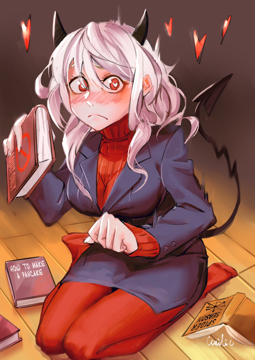 1girl artist_name blush book demon_girl demon_horns demon_tail english_commentary hair_behind_ear heart heart_in_eye helltaker highres holding holding_book horns modeus_(helltaker) pantyhose pencil_skirt red_sweater ribbed_sweater seiza sitting skirt soles solo suit_jacket sweater symbol-shaped_pupils symbol_in_eye tail weilic white_hair