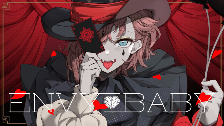 1girl ace_of_hearts asahina_akane_(nijisanji) balloon bangs blue_eyes card clown commentary_request confetti darjeeling_(reley) english_text envy_baby_(vocaloid) hat heart highres holding holding_balloon holding_playing_card long_sleeves looking_at_viewer mismatched_sleeves neck_ruff nijisanji official_art playing_card puffy_long_sleeves puffy_sleeves red_curtains red_theme redhead second-party_source solo song_name stage stage_curtains teeth tongue tongue_out top_hat virtual_youtuber