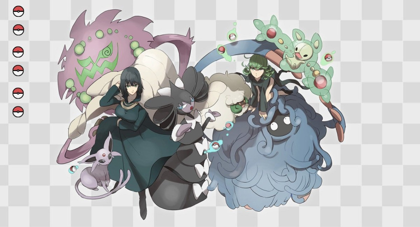 2girls arm_under_breasts bangs black_footwear black_hair breasts character_request checkered checkered_background closed_mouth commentary_request crossover dress espeon floating floating_object gen_2_pokemon gen_4_pokemon gen_5_pokemon gothitelle green_dress green_hair long_sleeves looking_at_viewer multiple_girls no-kan one-punch_man poke_ball poke_ball_(basic) poke_ball_symbol pokemon pokemon_(creature) reuniclus shoes spiritomb tangrowth tatsumaki telekinesis two-tone_background whimsicott