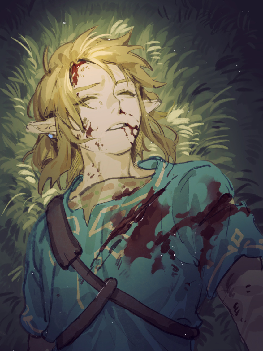 1boy belt blonde_hair blood blood_from_mouth blood_on_face bloody_clothes blue_shirt brown_belt commentary_request earrings godie0 grass highres injury jewelry link long_hair lying male_focus on_back on_grass outdoors parted_lips pointy_ears shirt sidelocks solo the_legend_of_zelda the_legend_of_zelda:_breath_of_the_wild torn_clothes torn_shirt unconscious upper_body