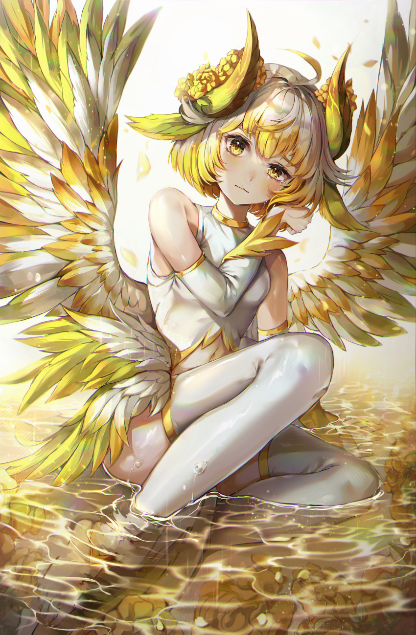 1girl absurdres ahoge animal_ears bangs barefoot blonde_hair blush commentary detached_sleeves feathered_wings flower hair_flower hair_ornament highres horns huge_filesize leggings long_sleeves looking_at_viewer marigold mirage_(rairudiseu) multicolored multicolored_hair multicolored_wings multiple_wings original shirt short_hair sitting sitting_on_water solo streaked_hair tears toenail_polish toenails water white_hair white_legwear white_shirt white_wings wings yellow_eyes yellow_nails yellow_wings