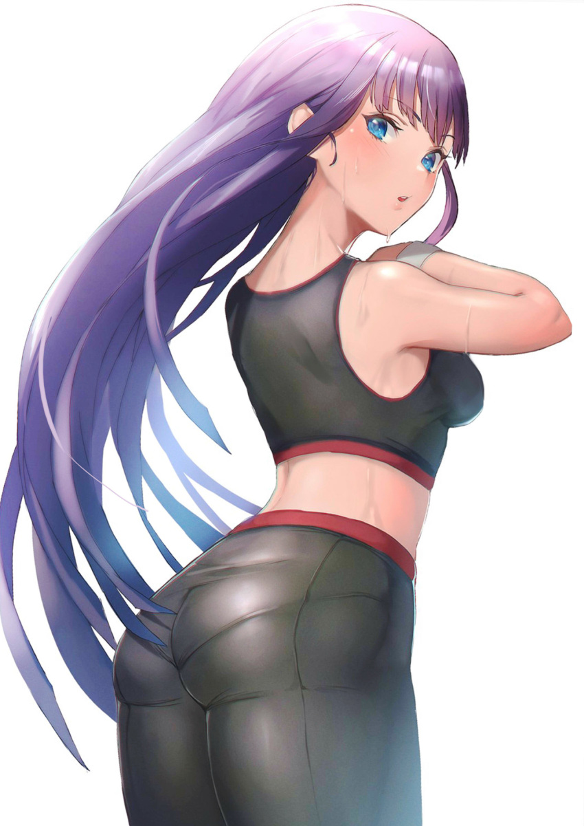 1girl ass back bangs bare_shoulders black_bra black_pants blue_eyes blush bra breasts fate/grand_order fate_(series) highres large_breasts long_hair looking_at_viewer looking_back martha_(fate) open_mouth otsukemono pants pantylines purple_hair revision simple_background sports_bra tight tight_pants underwear white_background