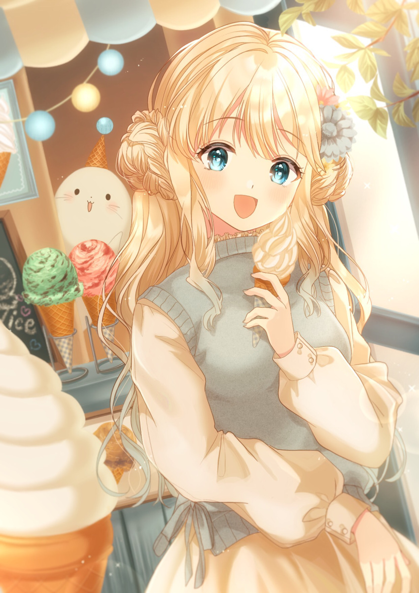 1girl :d arms_up bangs blonde_hair blue_eyes breasts chalkboard day dress dutch_angle eyebrows_visible_through_hair flower food gradient_hair grey_hair grey_sweater_vest hair_flower hair_ornament highres holding holding_food ice_cream ice_cream_cone indoors konpeito1025 long_sleeves looking_at_viewer medium_breasts multicolored_hair open_mouth original photo_(object) puffy_long_sleeves puffy_sleeves seal shop short_hair smile soft_serve solo string_of_light_bulbs sweater_vest symbol_commentary yellow_dress