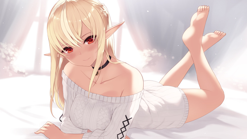 1girl bangs bare_legs bare_shoulders barefoot black_neckwear blonde_hair blush cait_aron choker closed_mouth collarbone feet_up full_body highres hololive indoors long_hair long_sleeves looking_at_viewer lying off_shoulder on_stomach pointy_ears red_eyes shiranui_flare smile solo sweater the_pose virtual_youtuber white_sweater
