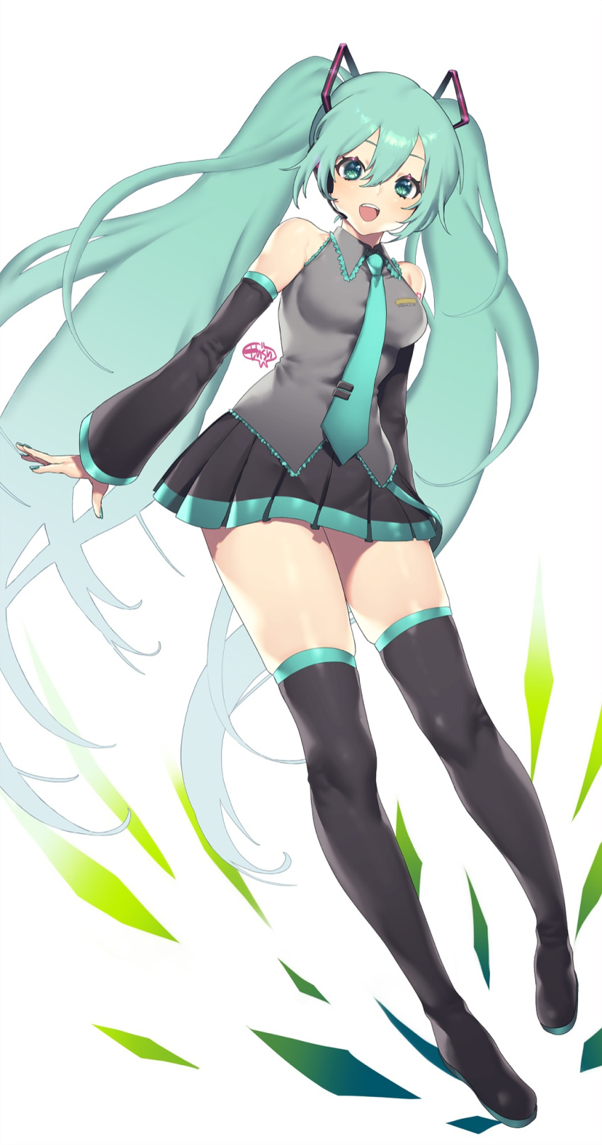 1girl bangs black_skirt blue_nails blush boots breasts collared_shirt detached_sleeves floating_hair grey_shirt hair_between_eyes hatsune_miku headset highres long_hair looking_down medium_breasts murata_tefu open_hand open_mouth shirt skirt sleeveless sleeveless_shirt smile solo thigh-highs thigh_boots twintails very_long_hair vocaloid
