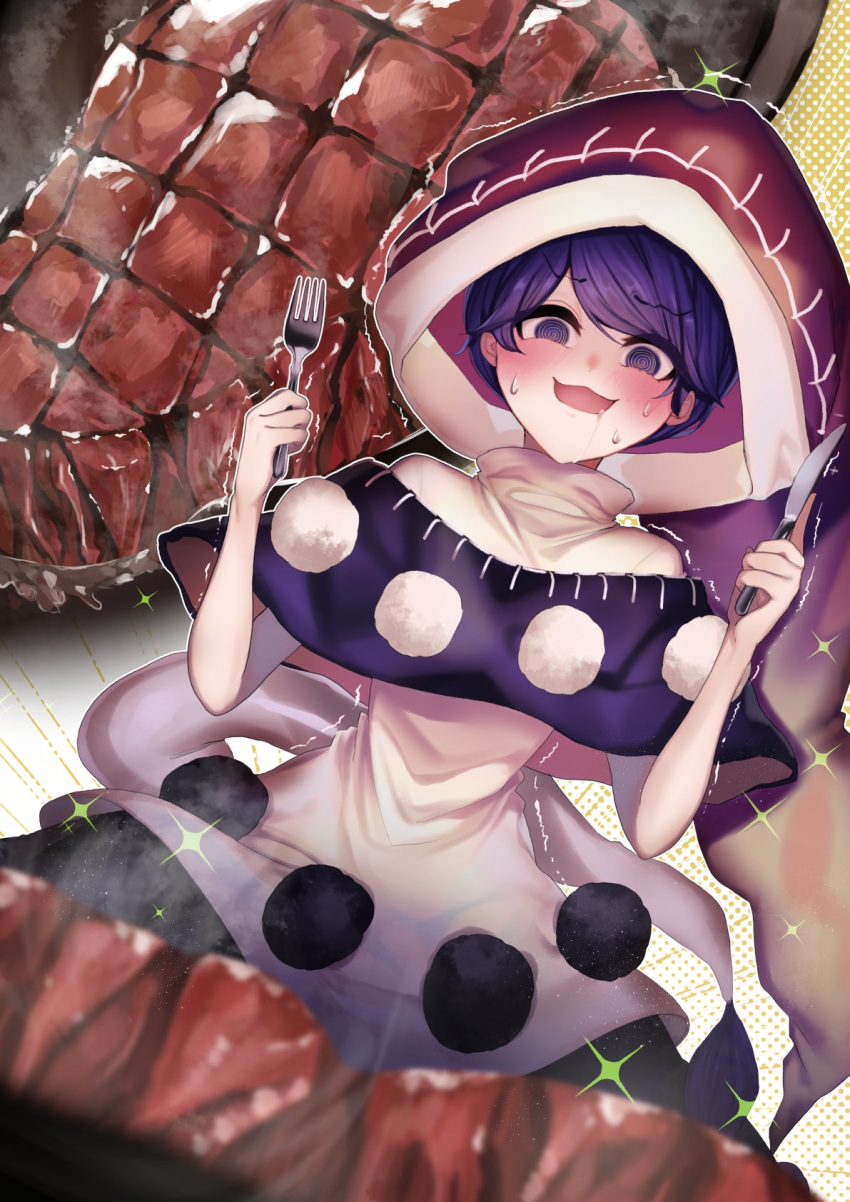 1girl :3 :d bangs black_capelet blue_hair blush capelet crazy_eyes doremy_sweet dress drooling dutch_angle eyebrows_visible_through_hair food fork fur_trim hands_up hat highres holding holding_fork holding_knife ishikawa_sparerib knife nightcap open_mouth outline pom_pom_(clothes) red_headwear ringed_eyes short_hair smile solo sparkle steak sweat swept_bangs touhou turtleneck wavy_eyebrows white_dress white_outline
