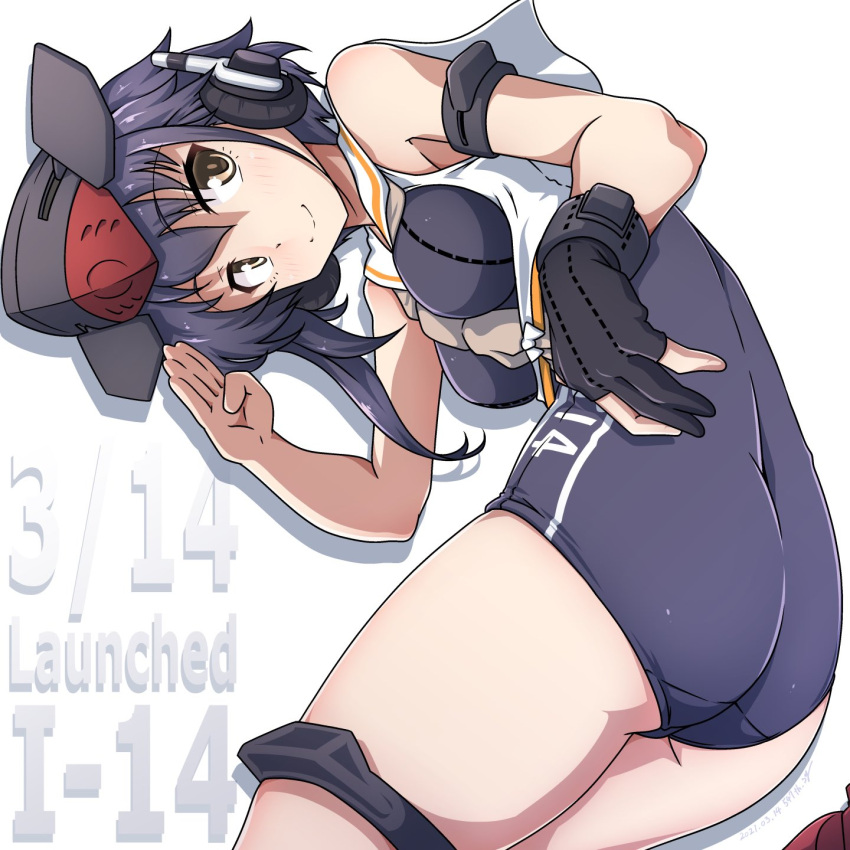 1girl 547th_sy ass asymmetrical_hair background_text black_gloves black_hair black_swimsuit breast_cutout brown_eyes brown_neckwear framed_breasts gloves hair_between_eyes hat headphones highres i-14_(kancolle) kantai_collection looking_at_viewer neckerchief partially_fingerless_gloves sailor_collar salute school_swimsuit short_hair single_glove solo swimsuit white_background